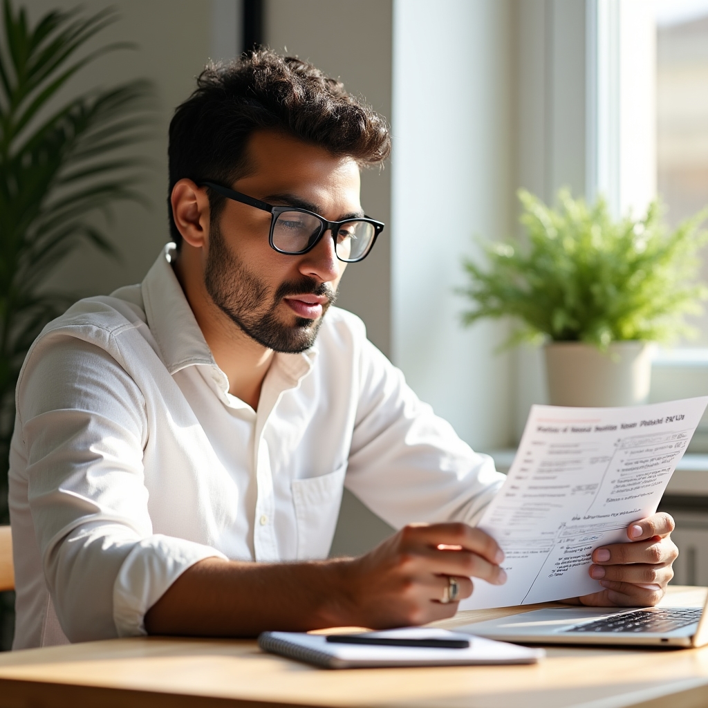 Business owner and SEO specialist reviewing a project brief document together at a modern desk with natural light