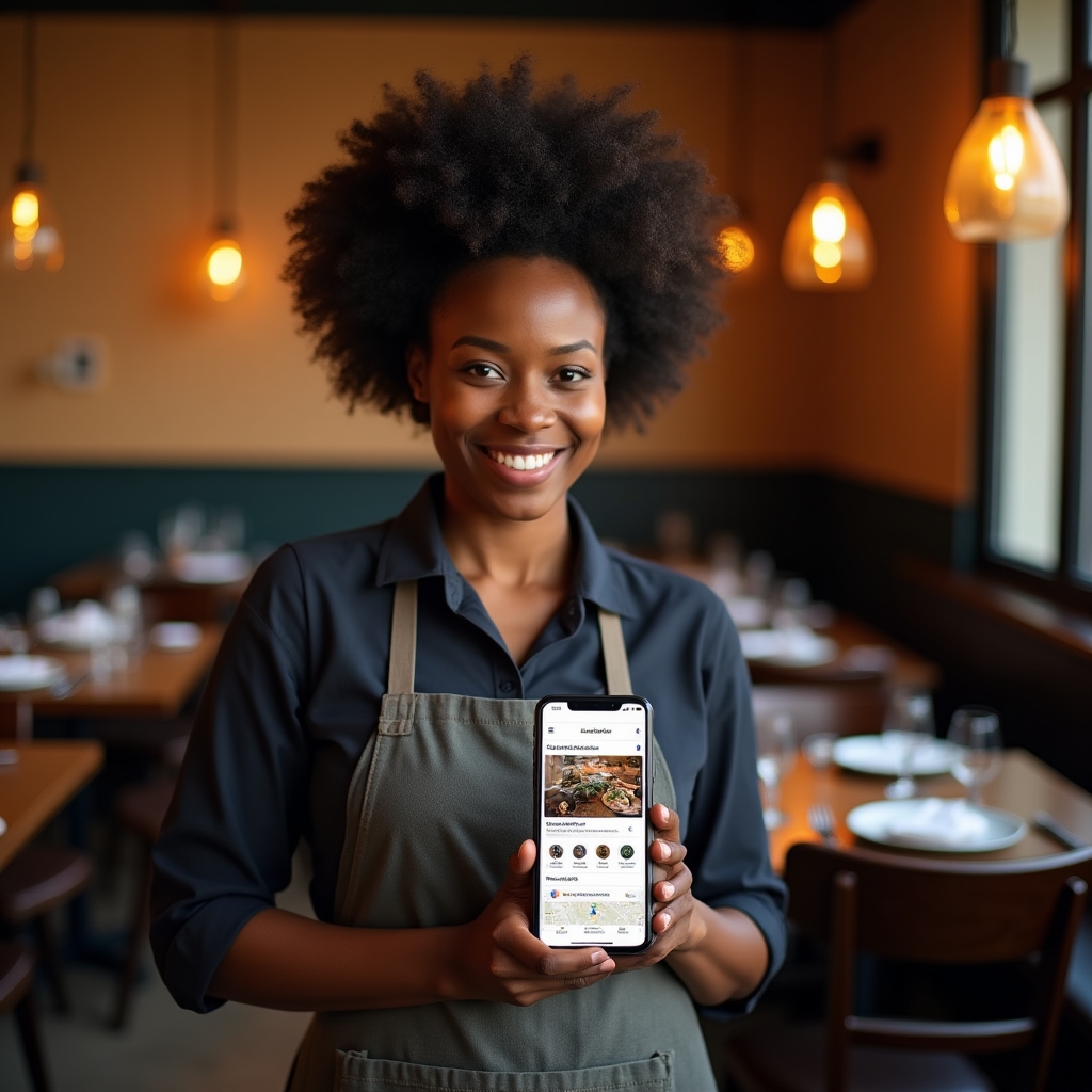 Restaurant owner reviewing local search results on a phone in a warm dining room setting