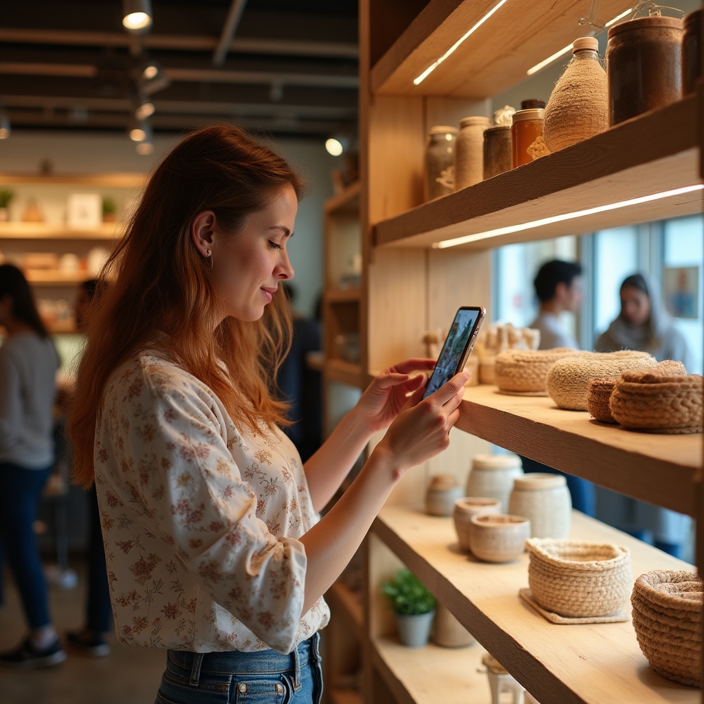 Boutique retail shop owner photographing products for Google Business Profile in a well-lit modern store